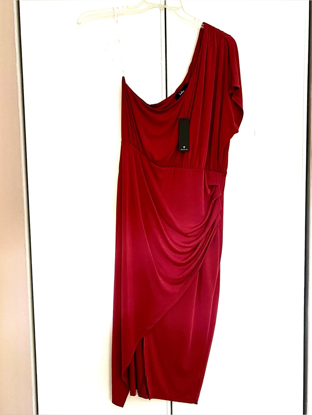 Lulu's One-Shoulder Garnet Red Draped Midi Dress